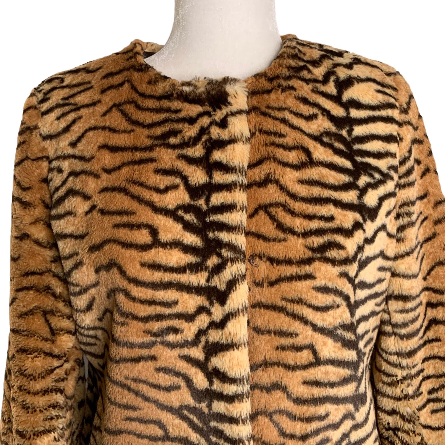 Vintage 90s Moda International Tiger Coat M Brown Faux Fur Plush Lined Pockets