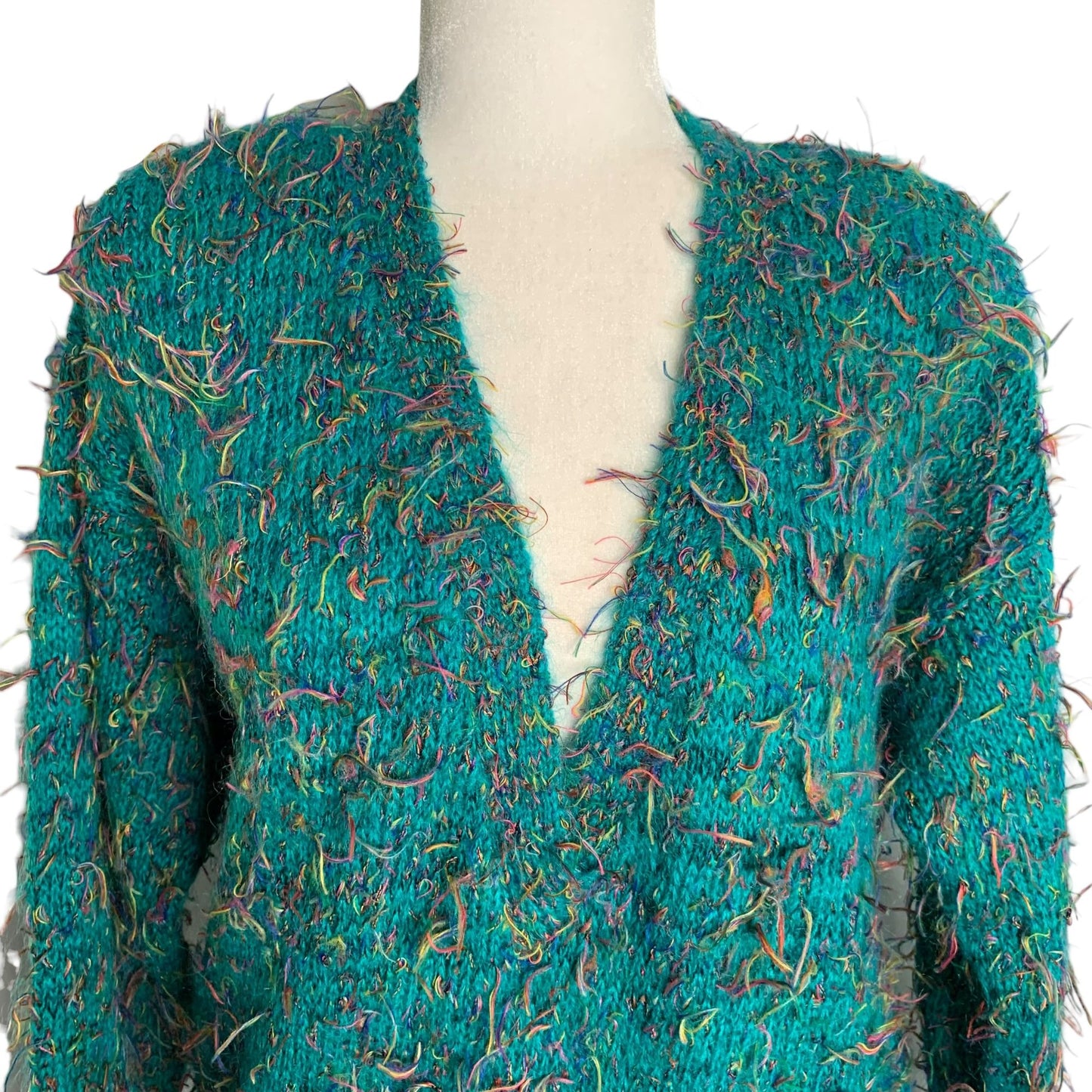 Vintage 80s Pasta Eyelash Knit Sweater M Green Mohair V Neck Shoulder Pads