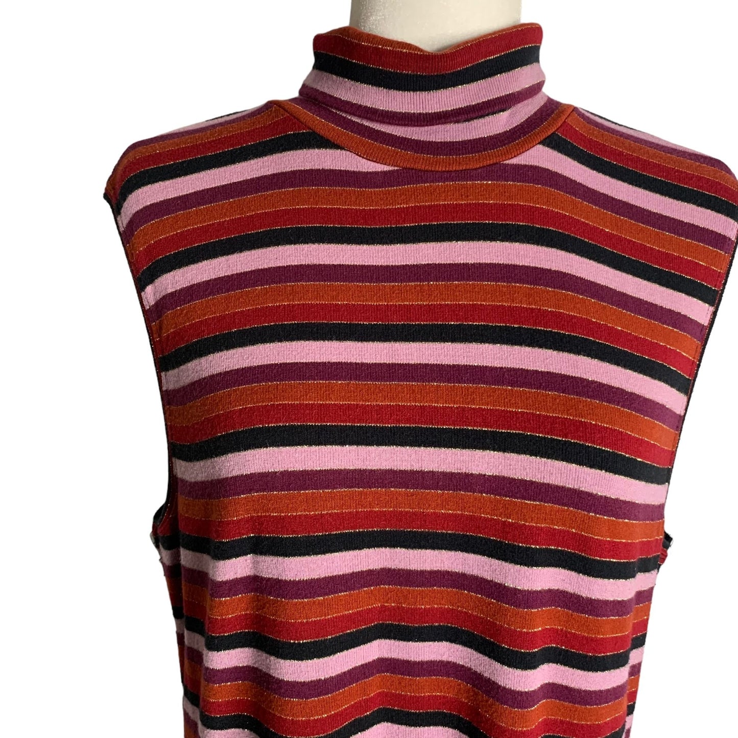 Vintage 90s White Stag Sleeveless Turtleneck XL Mauve Knit Stripes Metallic