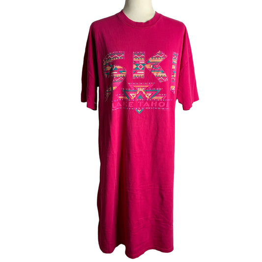 Vintage 90s Ski Tahoe Single Stitch Night Shirt XL Pink Crewneck T Shirt Dress