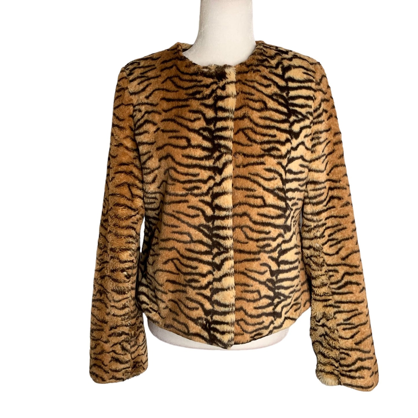 Vintage 90s Moda International Tiger Coat M Brown Faux Fur Plush Lined Pockets