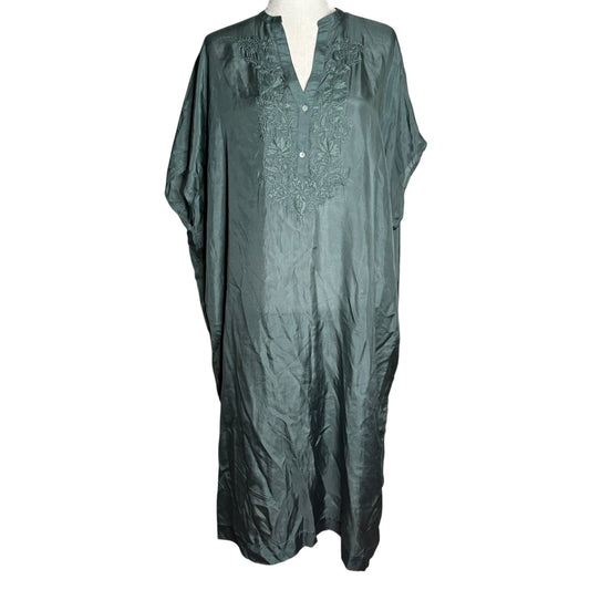 Oysho Silk Embroidered Kaftan Dress Size S Green V Neck Light Slightly Sheer NEW