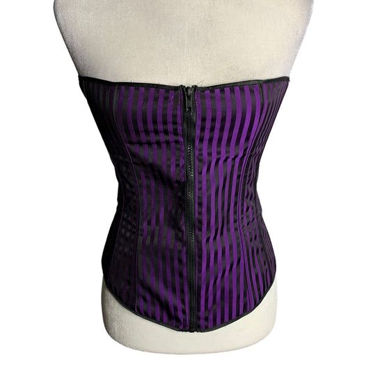 Vintage Shirley of Hollywood Corset Top 32 Purple Stripe Zip Front Lace Up Back