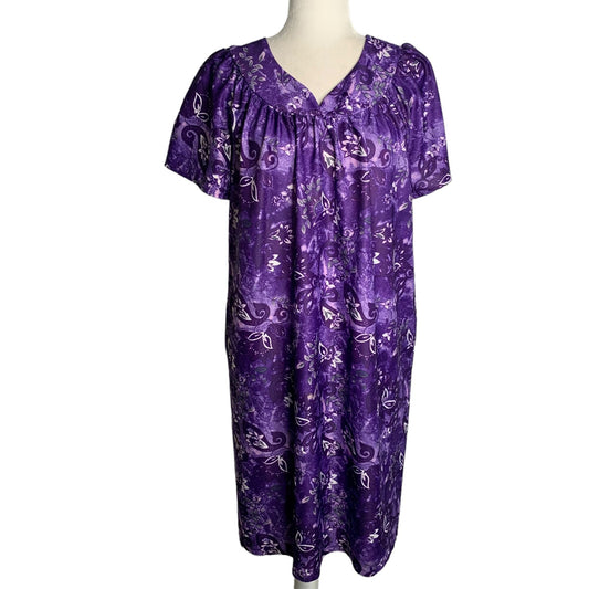 Vintage Anthony Richards MuuMuu House Dress M Purple Floral Pockets Short Sleeve