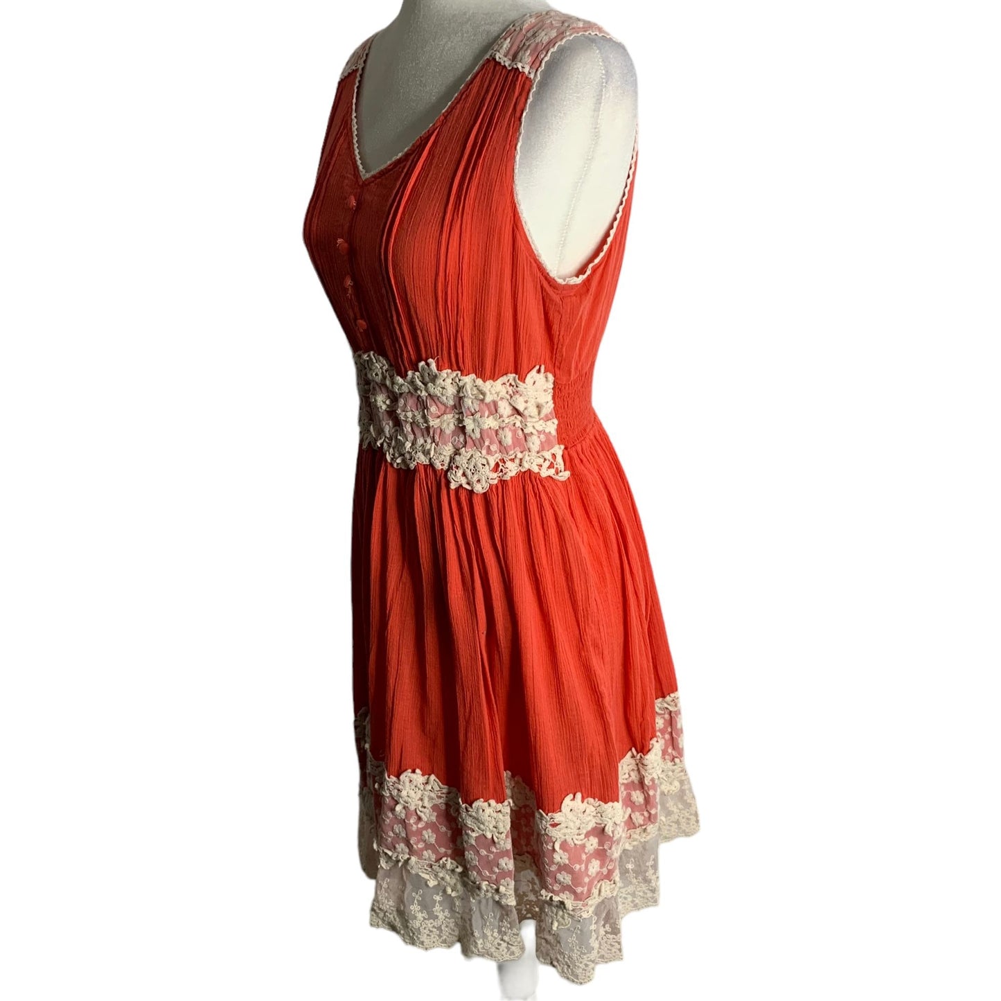 Vasna Fit N Flare Cotton Lace Dress L Coral Orange V Neck Lined Boho Knee Length