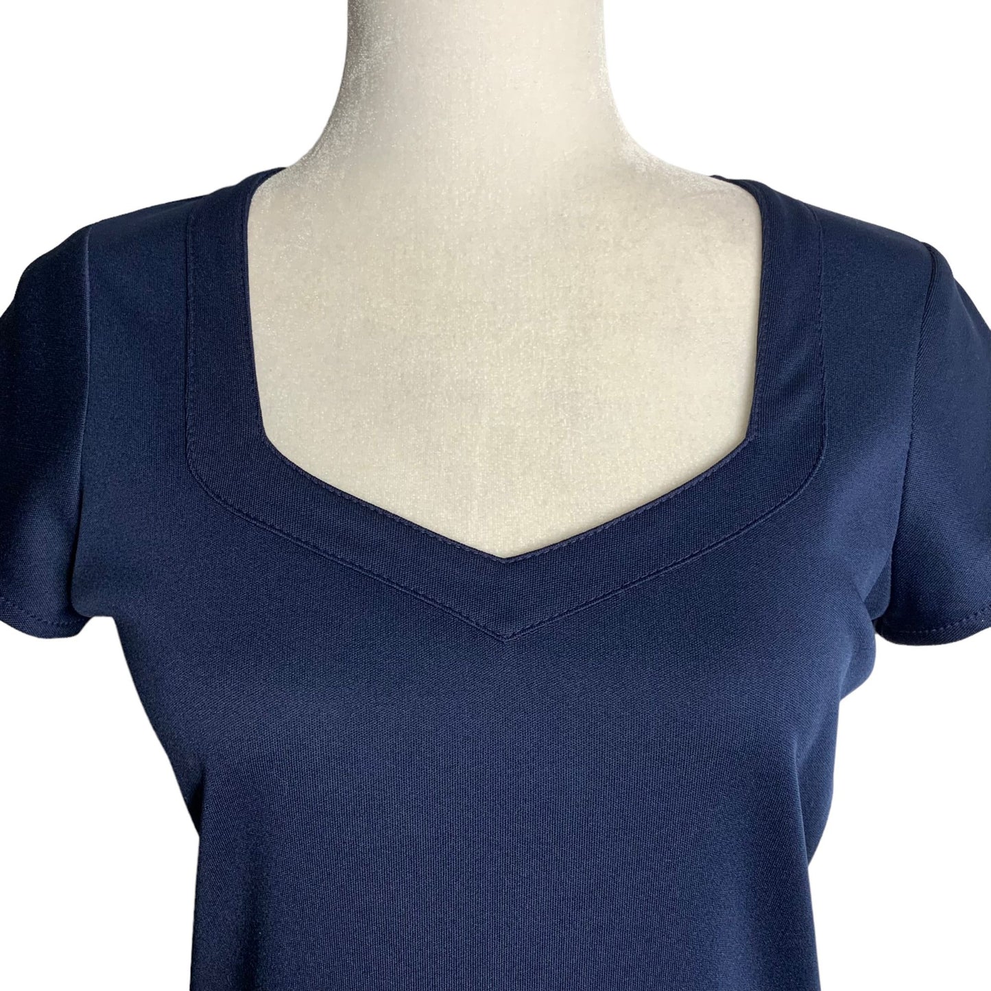 Vintage 80s Rina Stretch Knit Short Sleeve Top S Navy Blue V Neck Back Zipper