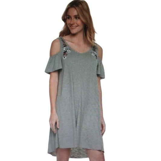 Sonoma Cold Shoulder Embroidered Dress S Grey V Neck Knee Length Stretch NEW