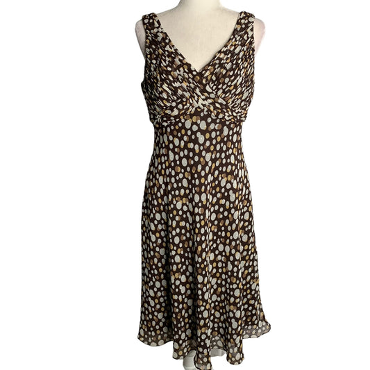 Adrianna Papell Sleeveless Chiffon Dress 12 Brown Polka Dot Lined Pleated Zip