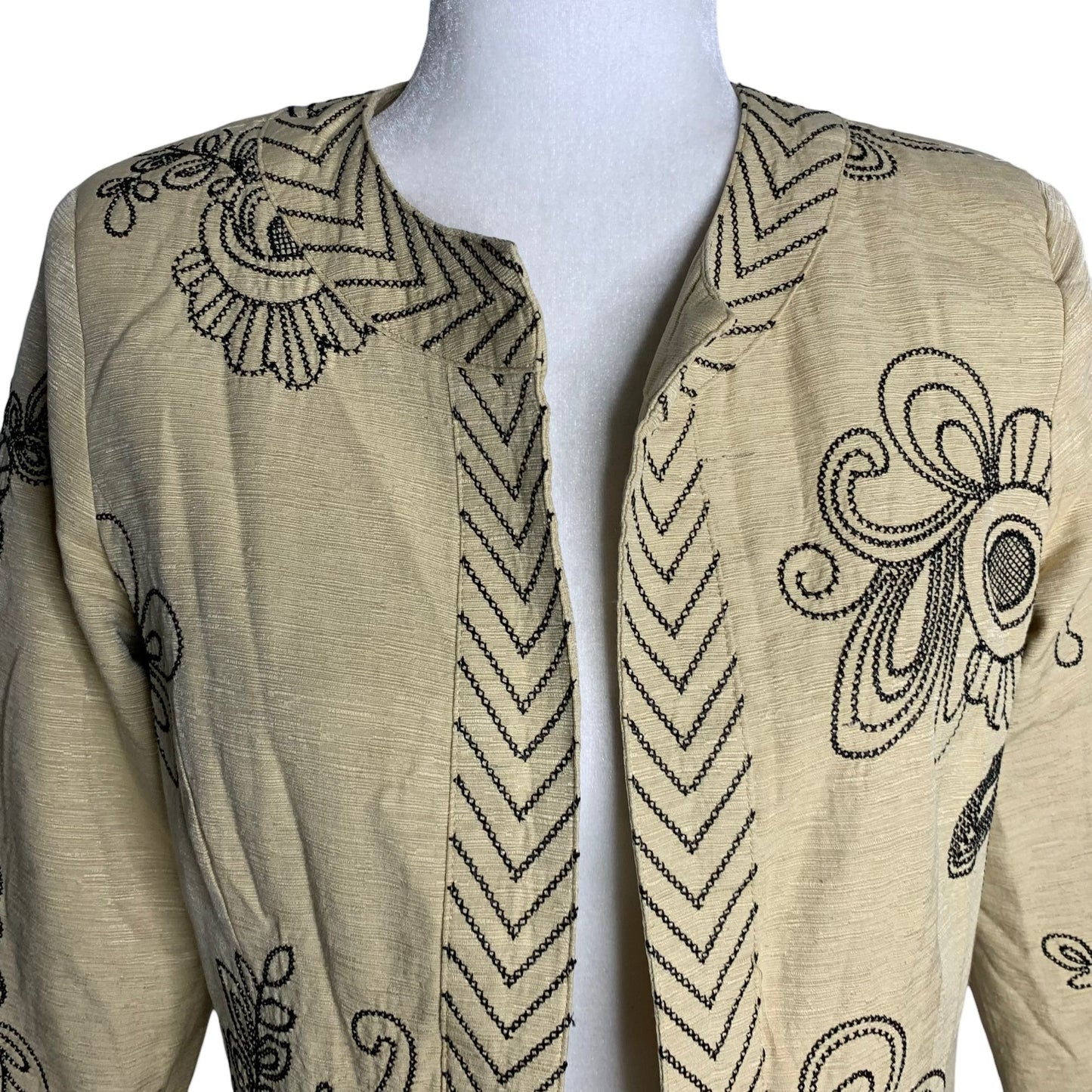 Marisa Christina Embroidered Silk Jacket S Beige 3/4 Sleeves Lined Hook Closure