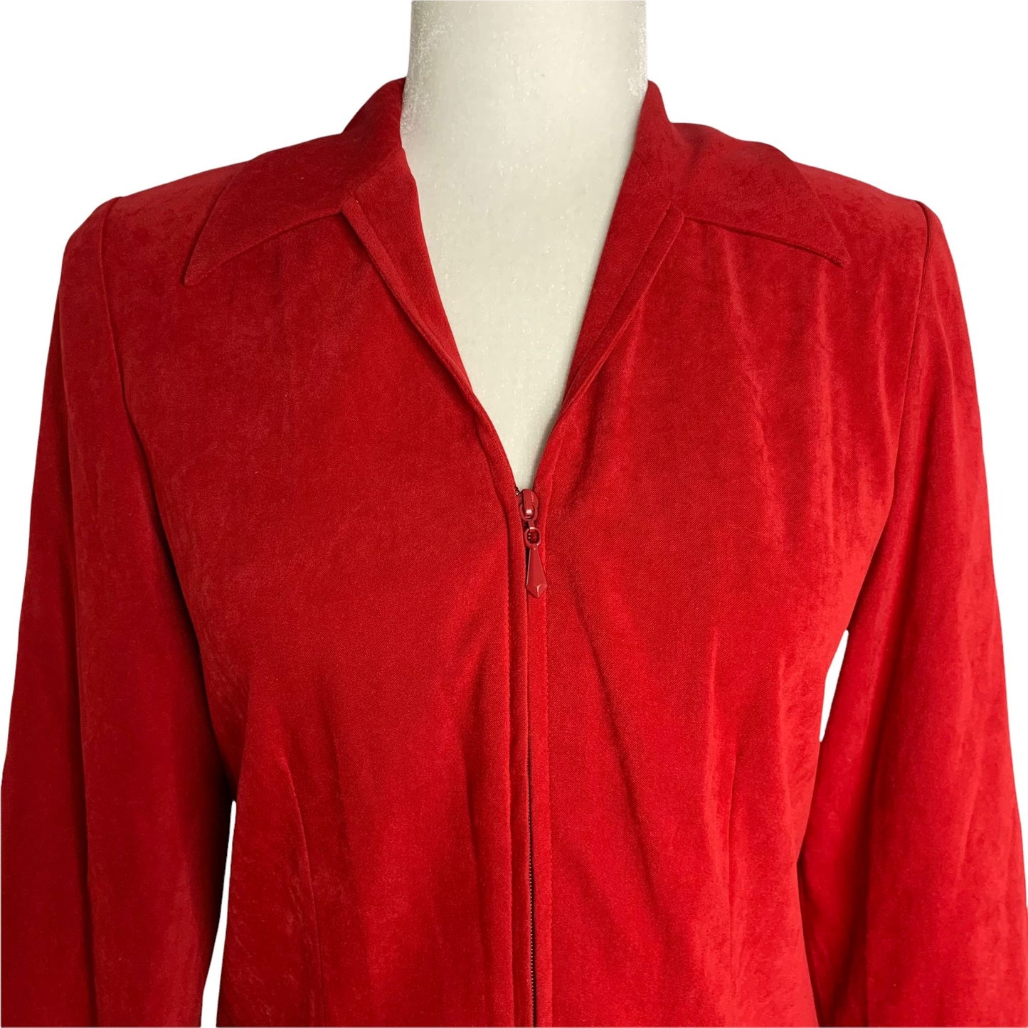 Vintage 90s Zip Up Shirt Jacket 4P Red Long Sleeve Collar V Neck Shoulder Pads