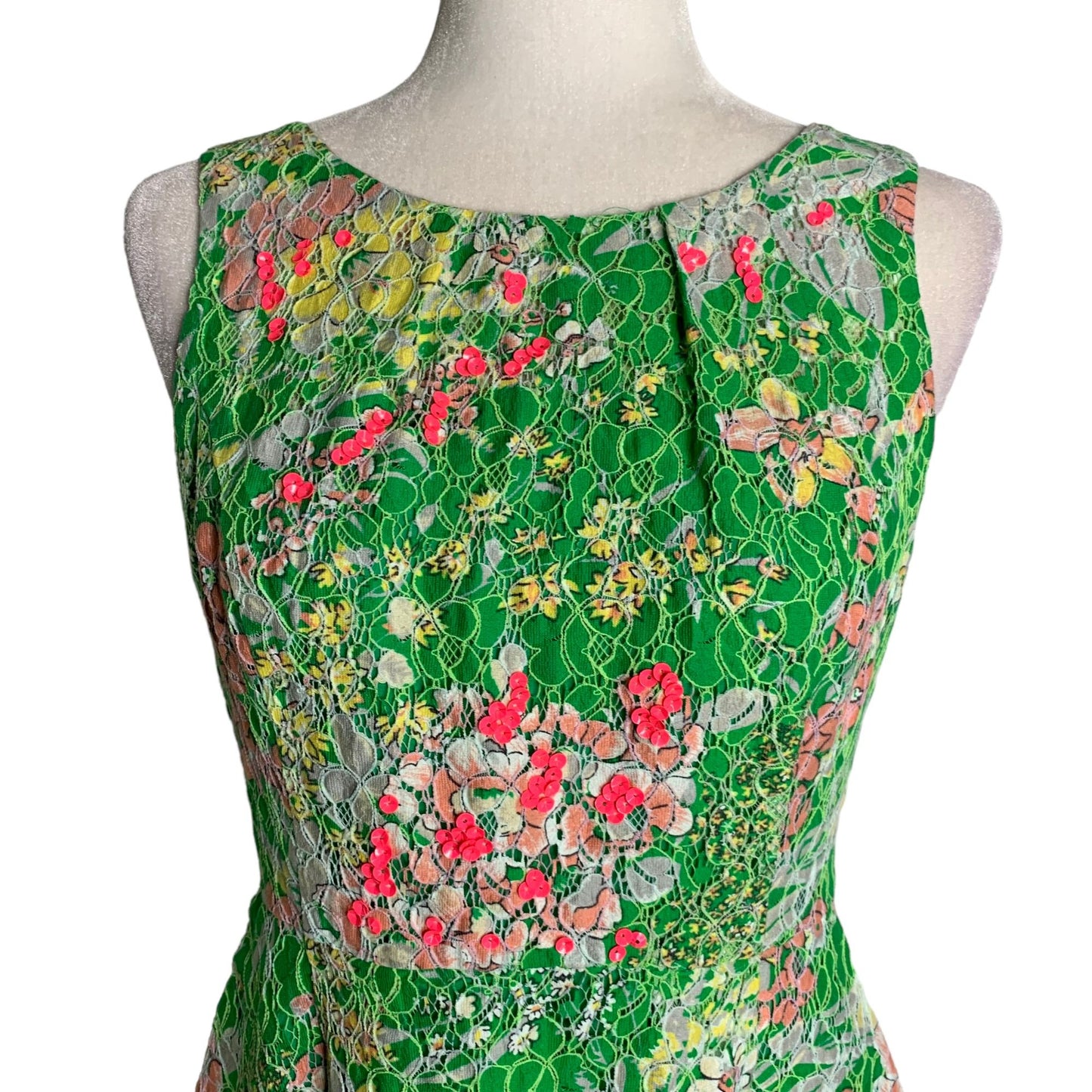 Maeve Anthropologie Lace Sequin Mini Dress 6P Green Floral Pleated Pockets Zip