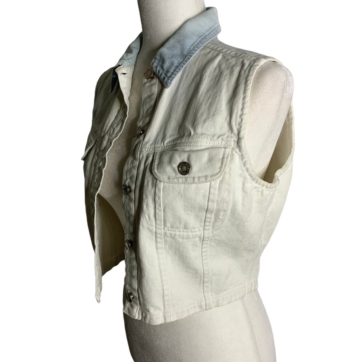 Vintage 90s Tangibles Denim Vest M White Button Up Pockets Cropped Cotton