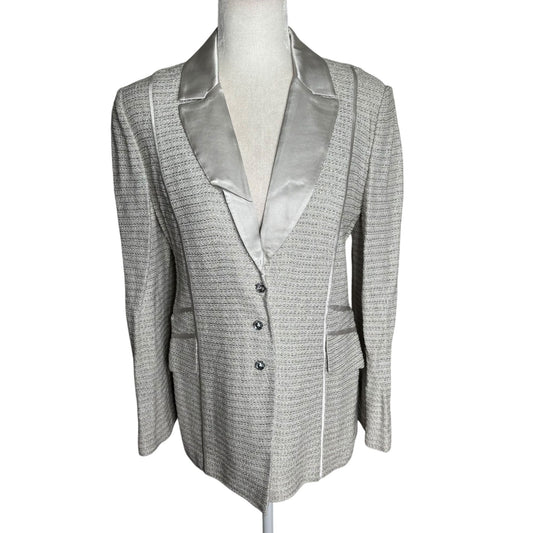 Vintage St John Evening Metallic Blazer 8 Silver Grey Satin Lapel Buttons Pockets