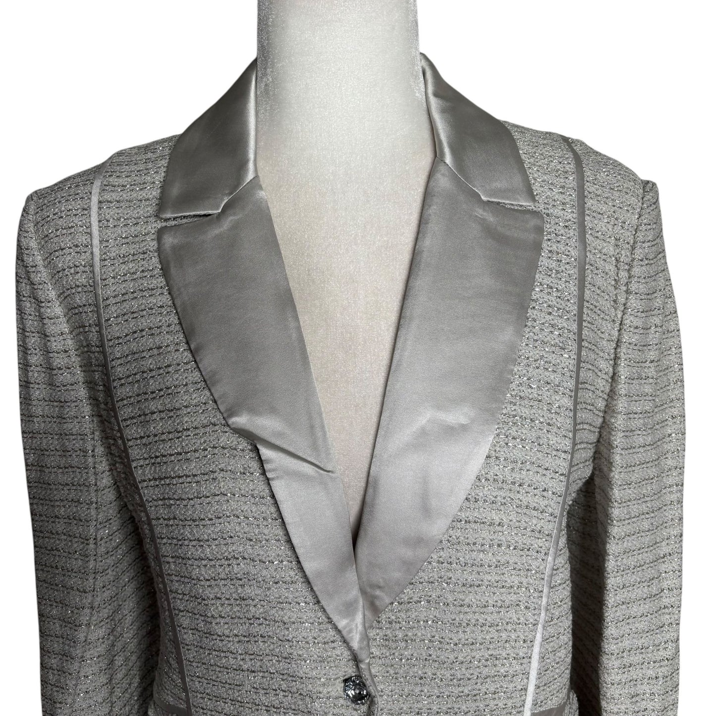 Vintage St John Evening Metallic Blazer 8 Silver Grey Satin Lapel Buttons Pockets
