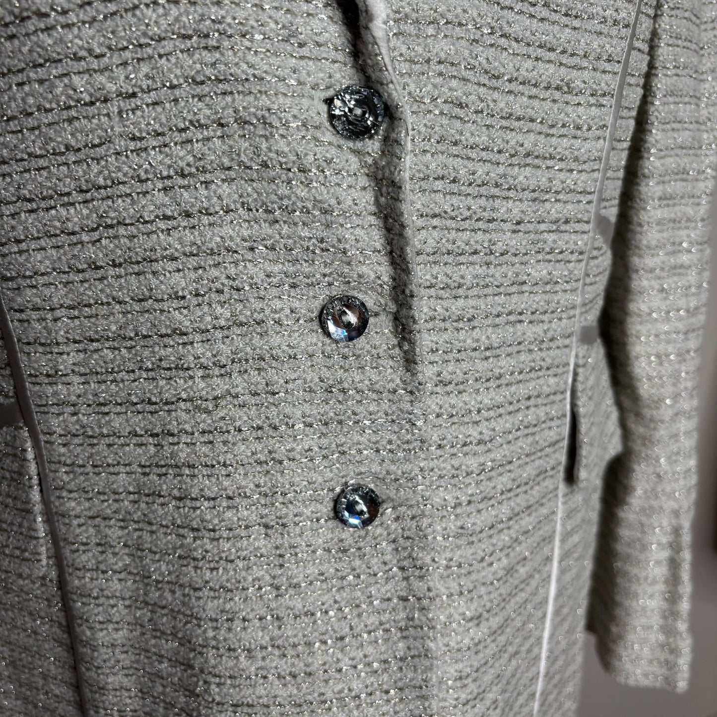 Vintage St John Evening Metallic Blazer 8 Silver Grey Satin Lapel Buttons Pockets