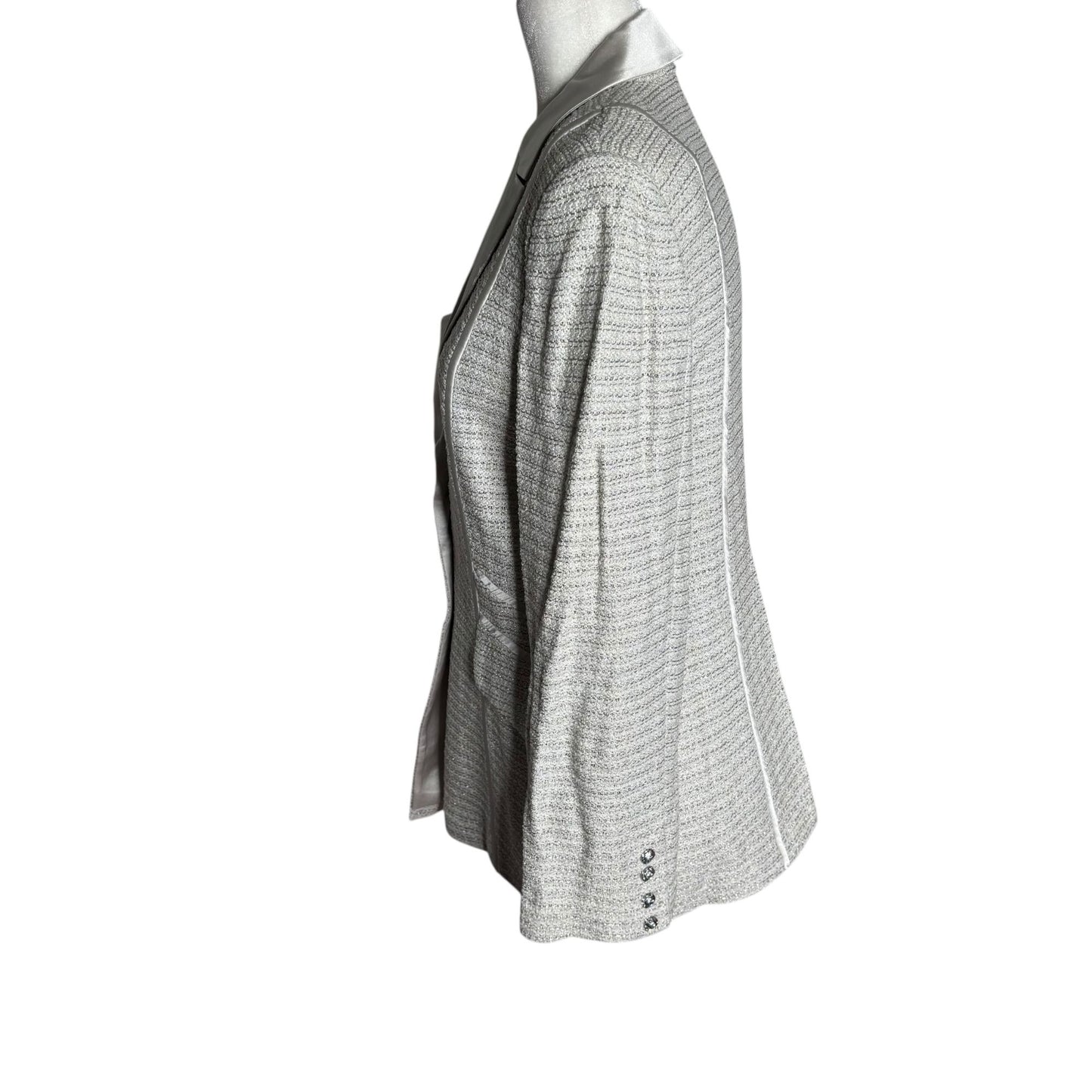 Vintage St John Evening Metallic Blazer 8 Silver Grey Satin Lapel Buttons Pockets