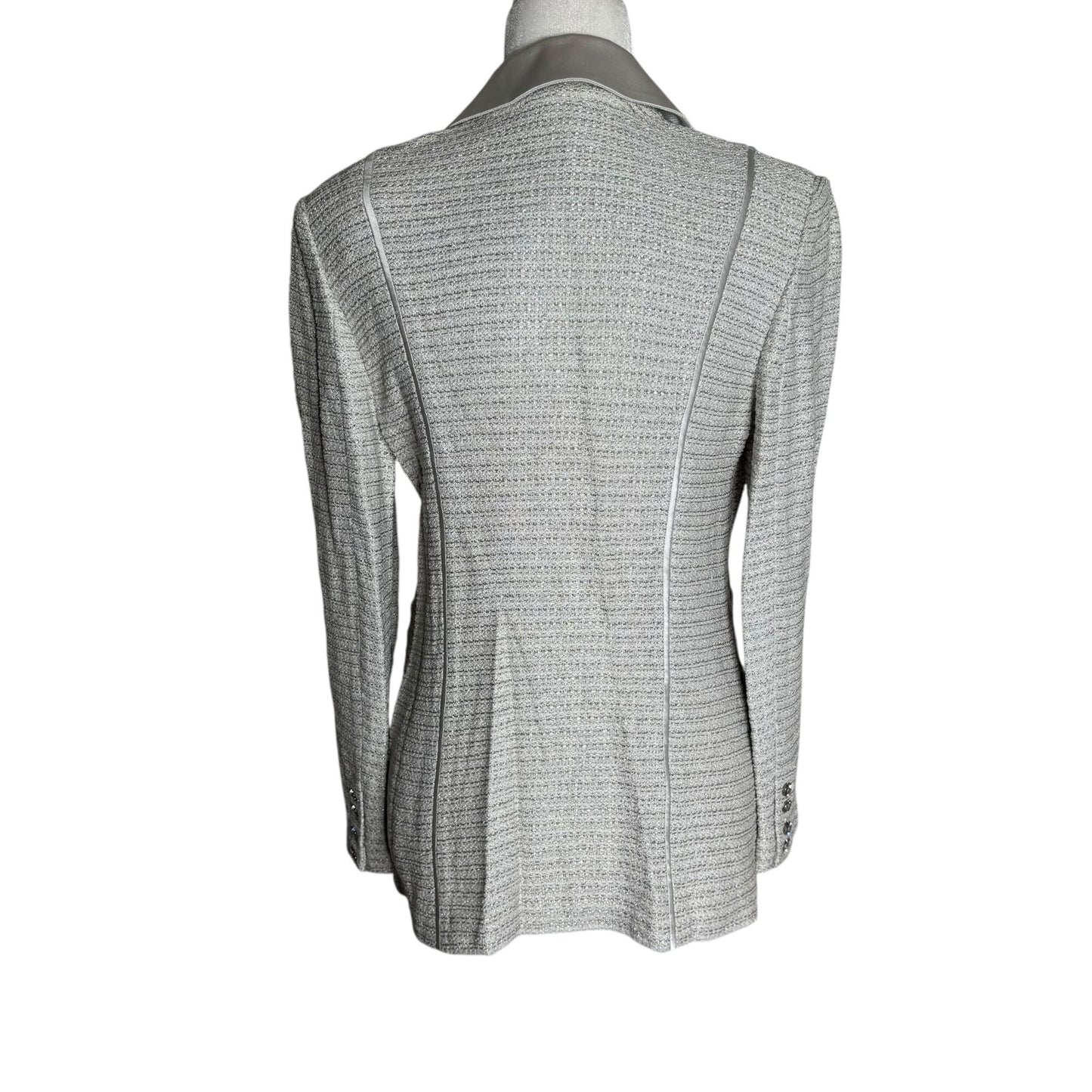 Vintage St John Evening Metallic Blazer 8 Silver Grey Satin Lapel Buttons Pockets