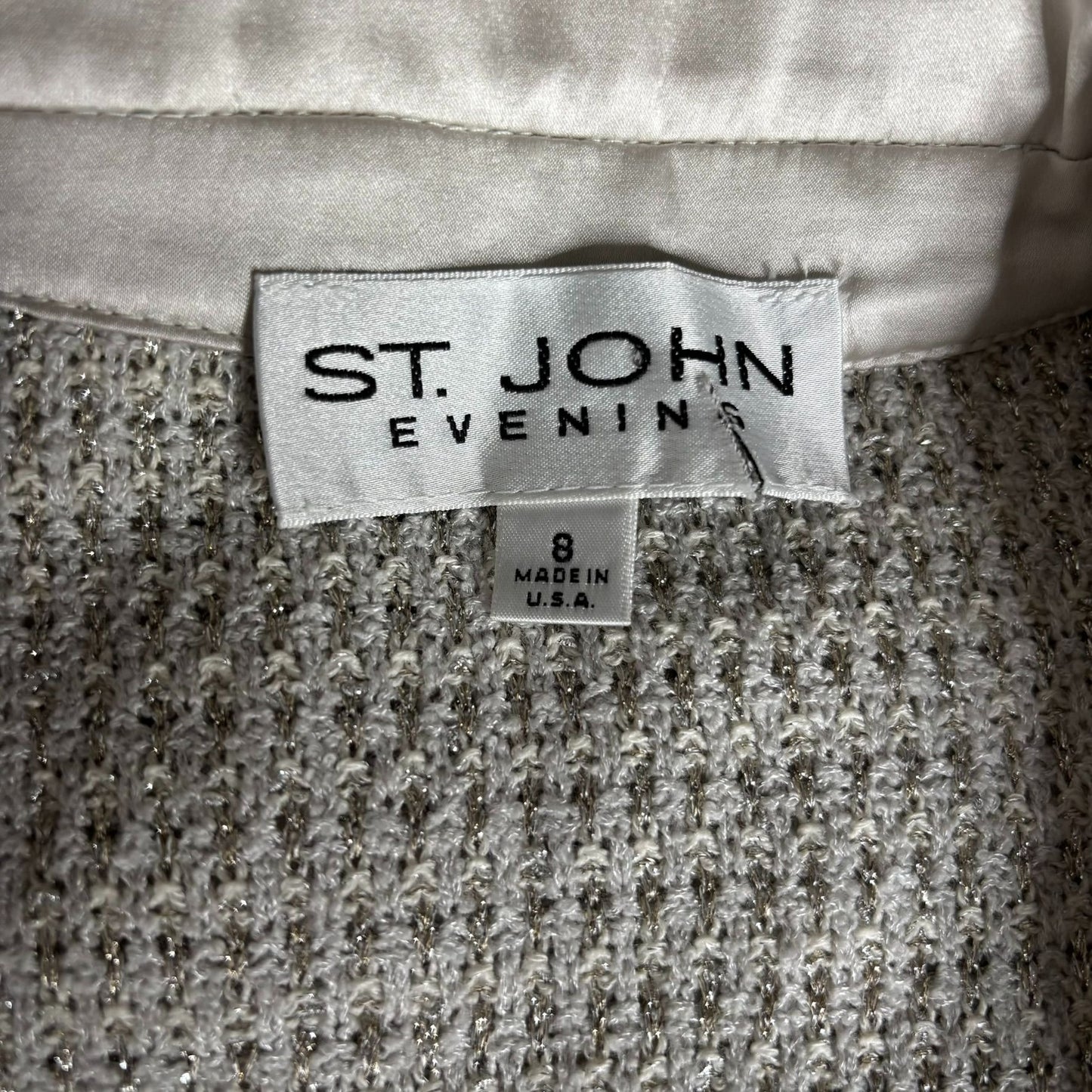 Vintage St John Evening Metallic Blazer 8 Silver Grey Satin Lapel Buttons Pockets