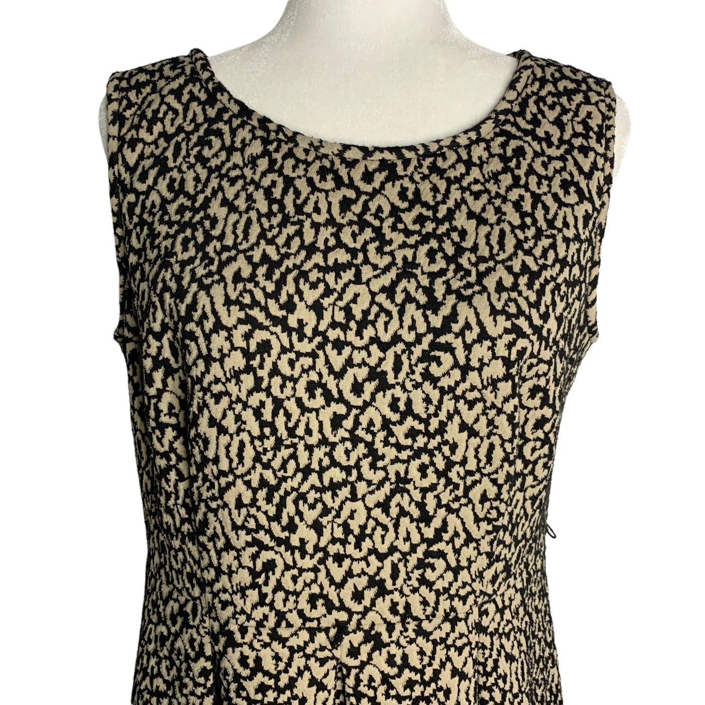 Dana Buchman Animal Print Swing Dress 12 Black Stretch Knit Textured Zip Sleeveless