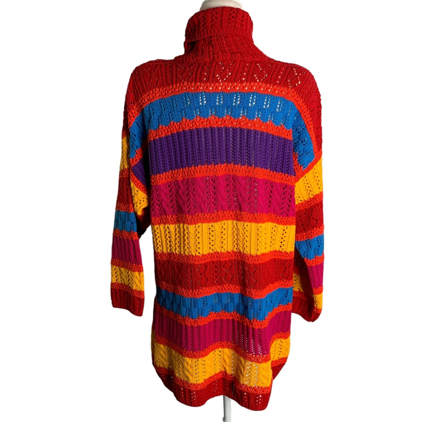 Vintage 90s Loose Knit Turtleneck Sweater L Rainbow Stripe Pullover Long Sleeve