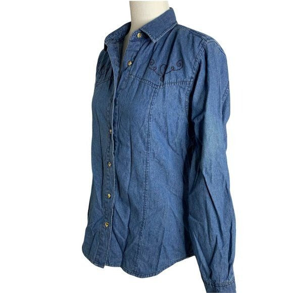 Vintage 80s Wrangler Western Shirt M Blue Denim Chambray Embroidered Button