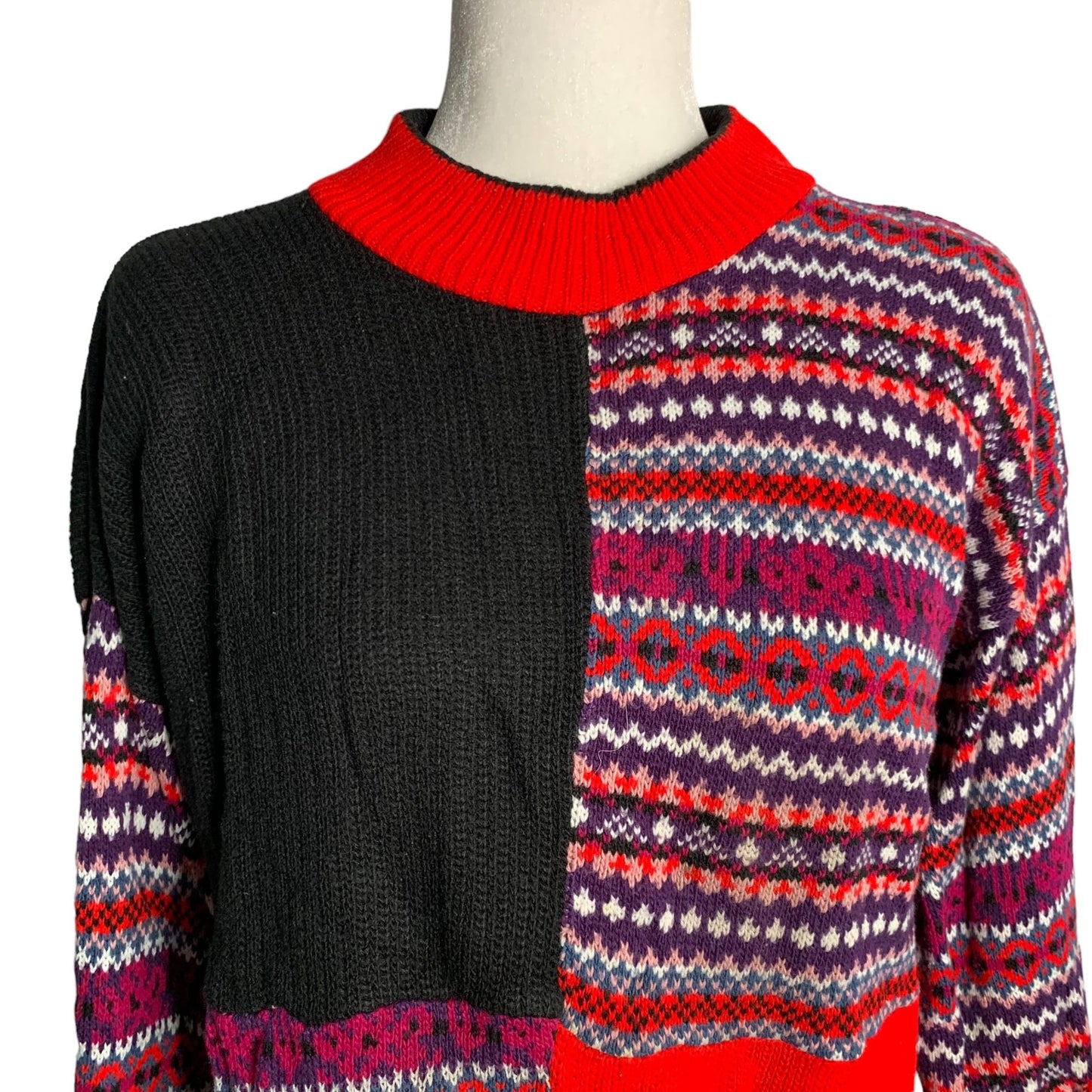 Vintage 90s Mockneck Knit Sweater M Black Red Long Sleeves Pullover Fair Isle