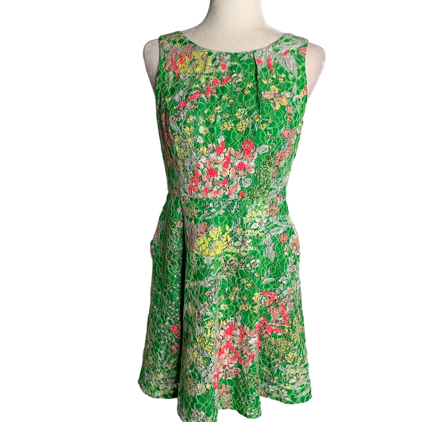 Maeve Anthropologie Lace Sequin Mini Dress 6P Green Floral Pleated Pockets Zip