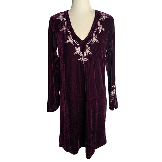 RusttyDustty Velvet Shift Dress M Purple V Neck Embroidered Long Sleeves