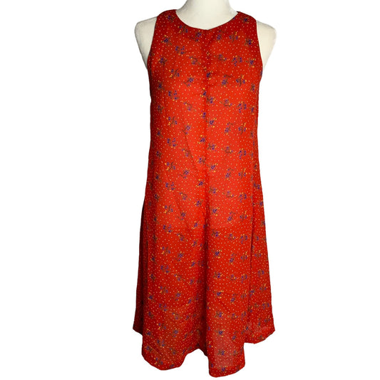 Vintage Handmade Fit N Flare Dress M Red Floral Sleeveless Button Knee Length