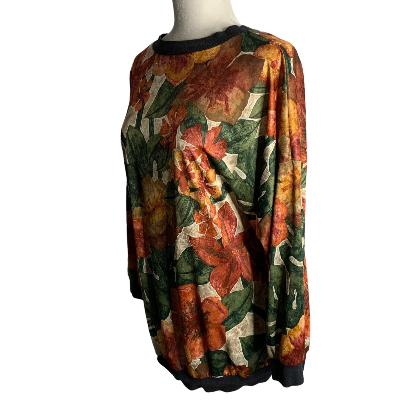 Vintage Box Office Pullover Floral Top XL Green Orange Long Sleeve Ribbed Trim