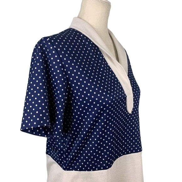 Vintage Polka Dot Linen Blend Dress M Blue White Zip V Neck Collar Rockabilly