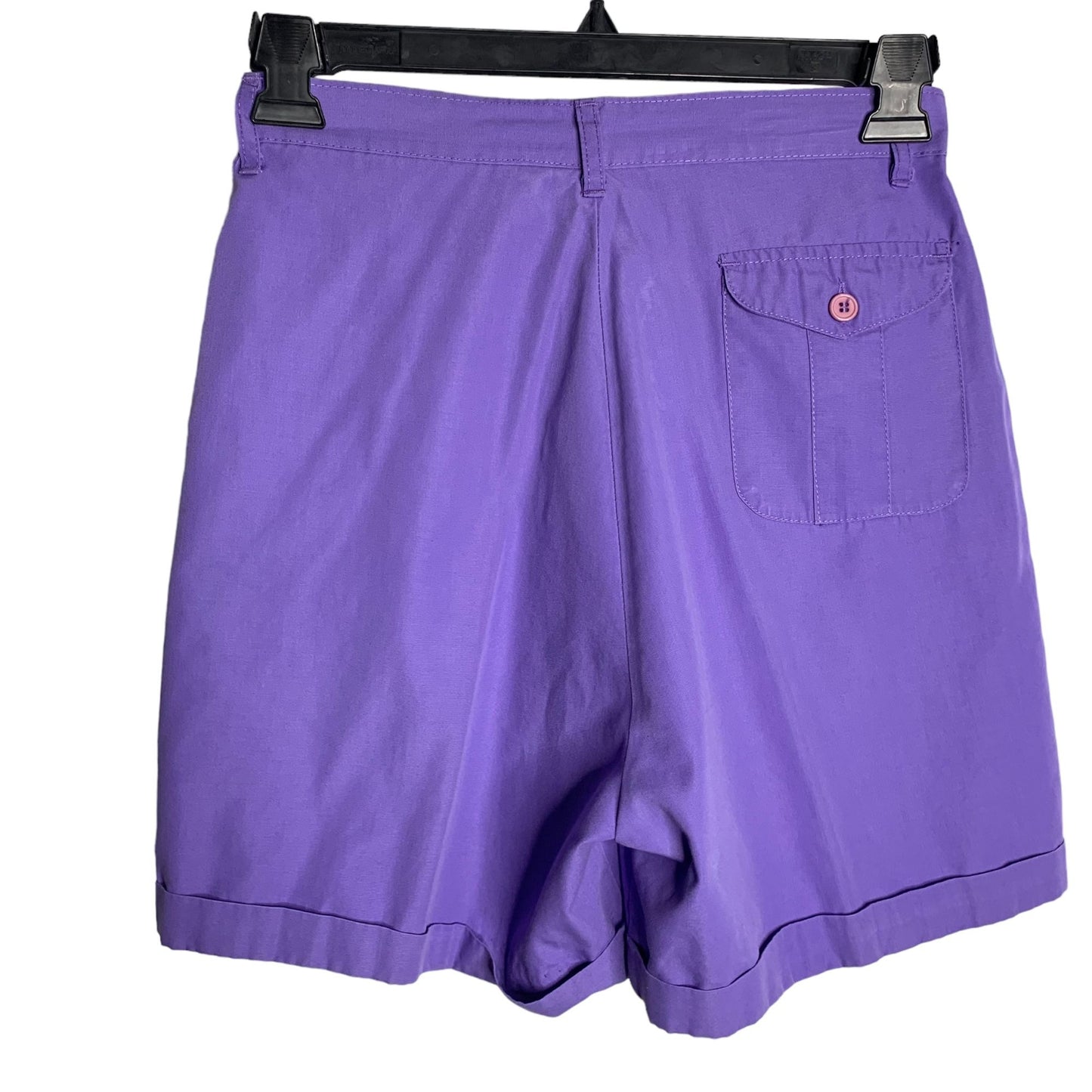 Vintage 80s High Rise Pleated Shorts S Purple Cuffed Pockets Button Belt Loops