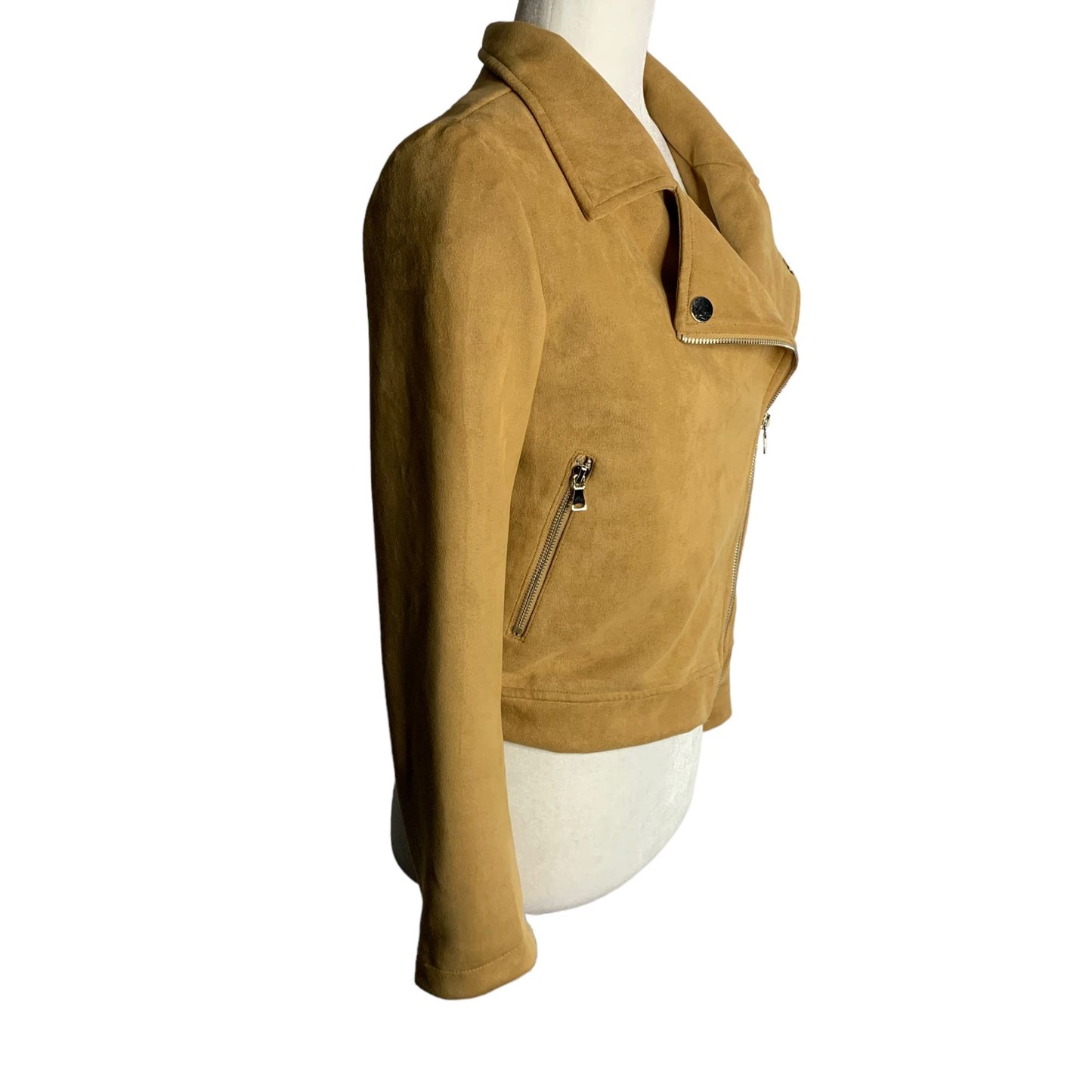 Apperloth A Faux Suede Motorcycle Jacket XS Brown Pockets Lined Asymmetrical Zip