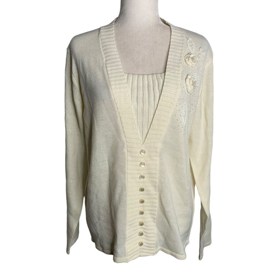 Adrian Delafield Beaded Knit Sweater L Cream Layered Look Pearl Buttons Flowers