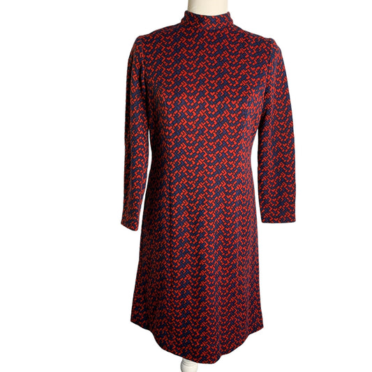 Vintage 60s Wool Blend Mod Sheath Dress S Red Blue Geometric High Neck Lined Zip