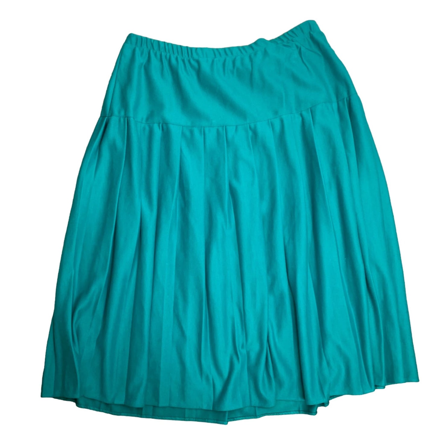 Vintage 80s Pull On Midi Skirt XL Turquoise Blue Pleated Elastic Waist USA