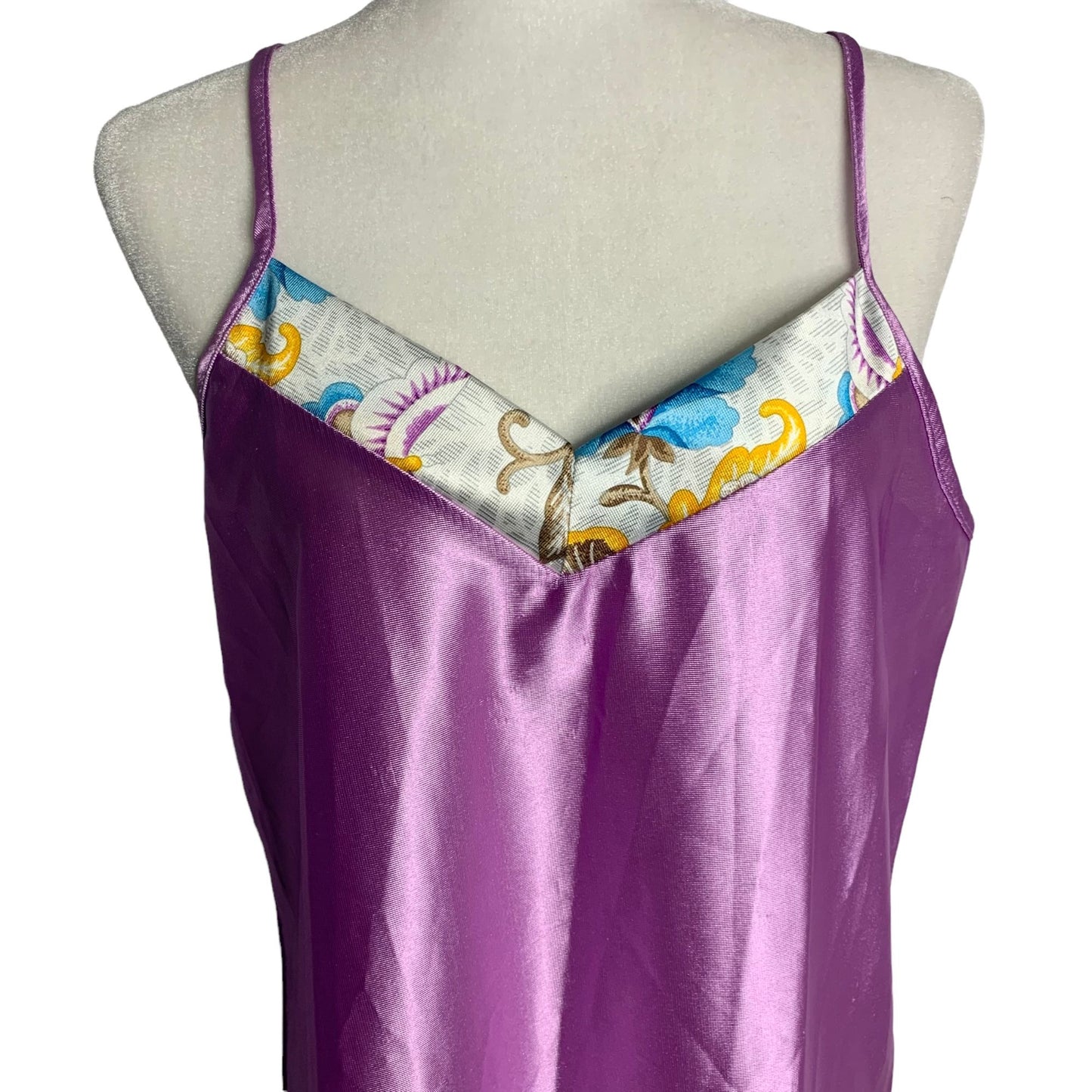 Vintage 80s Silky Nightgown L Purple Floral Spaghetti Straps V Neck Round Hem