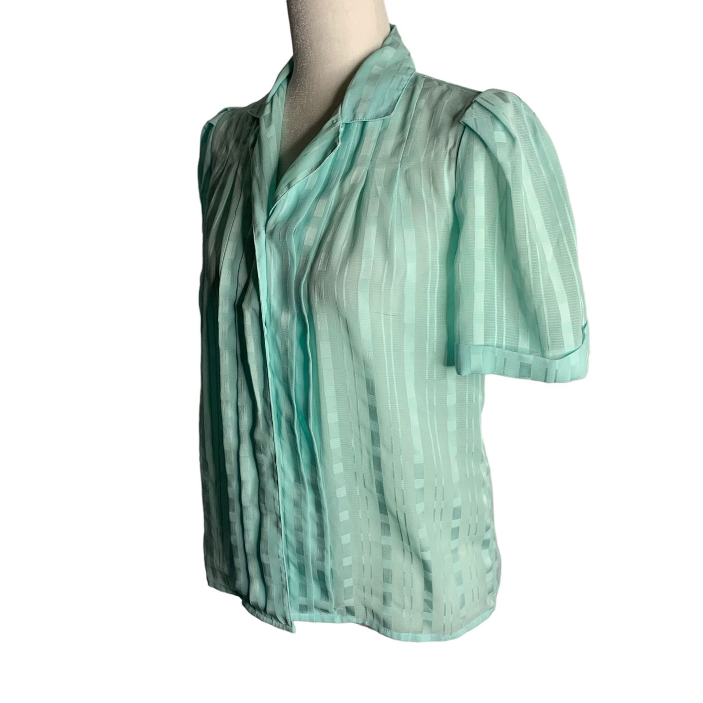 Vintage Button Up Pleated Blouse 6 Blue Striped Slightly Sheer Short Sleeve