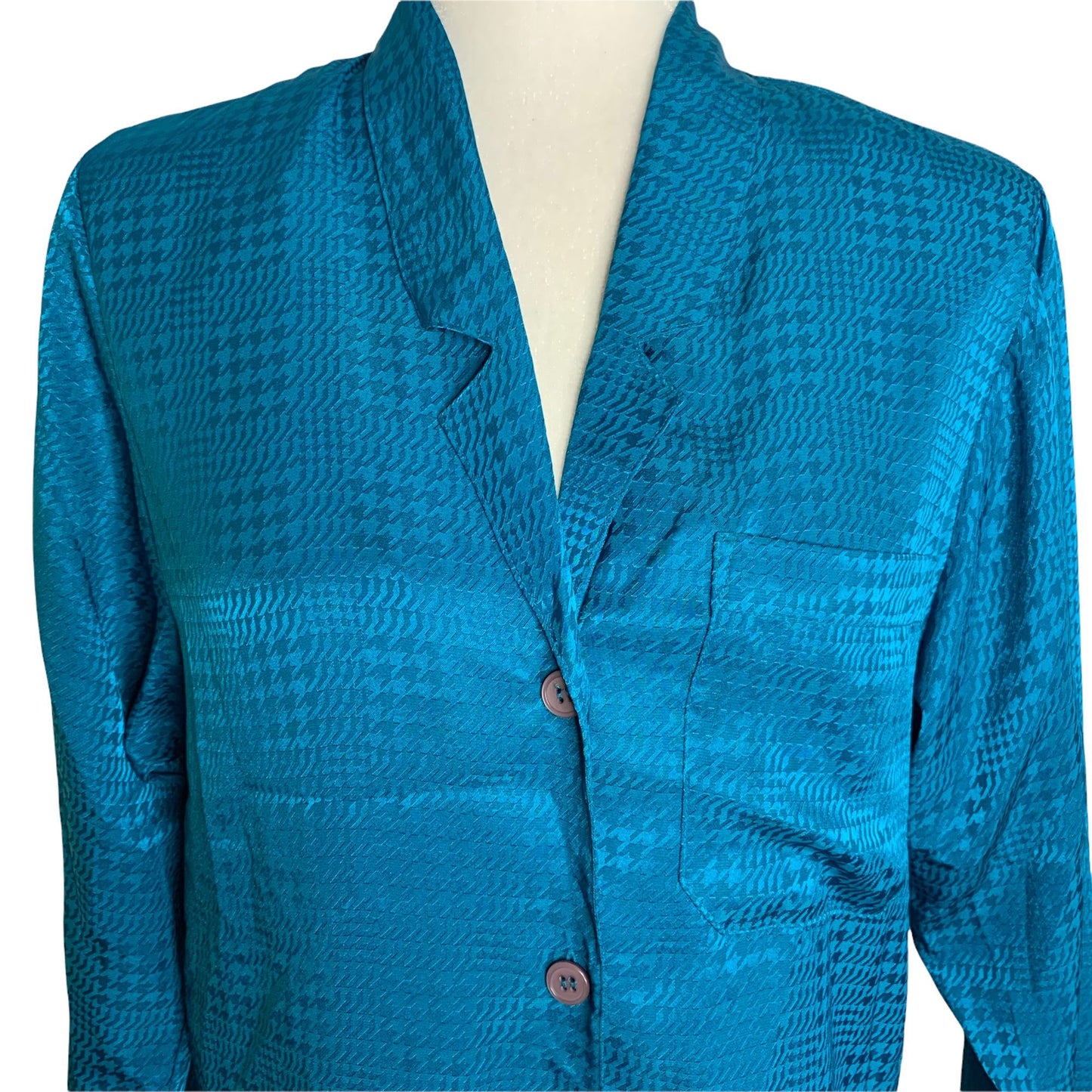 Vintage Silky Button Up Shirt M Teal Blue Long Sleeve Pocket Notch Collar