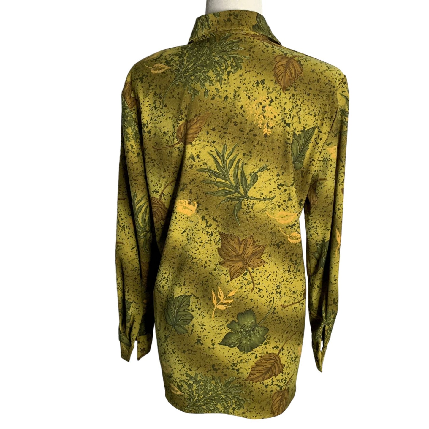 Vintage Microfiber Button Up Shirt M Green Leaves Floral Long Sleeve Collar