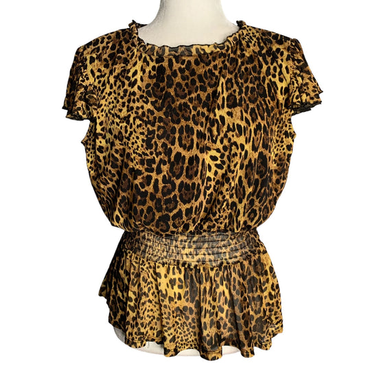 A Love Story Short Sleeve Peplum Top M Leopard Print Stretch Knit Lined Keyhole