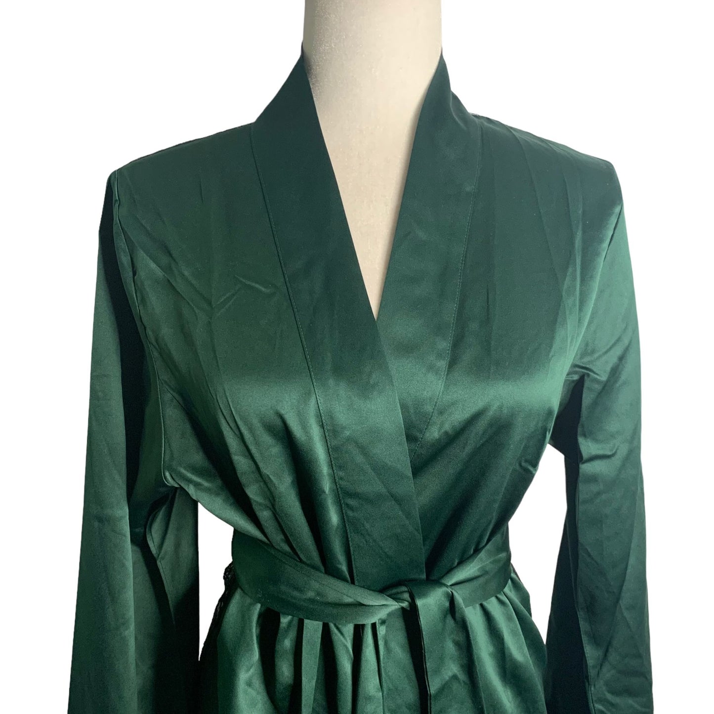 Fredericks of Hollywood Erina Satin Robe S Forest Green Lace Back Tie Belt NEW