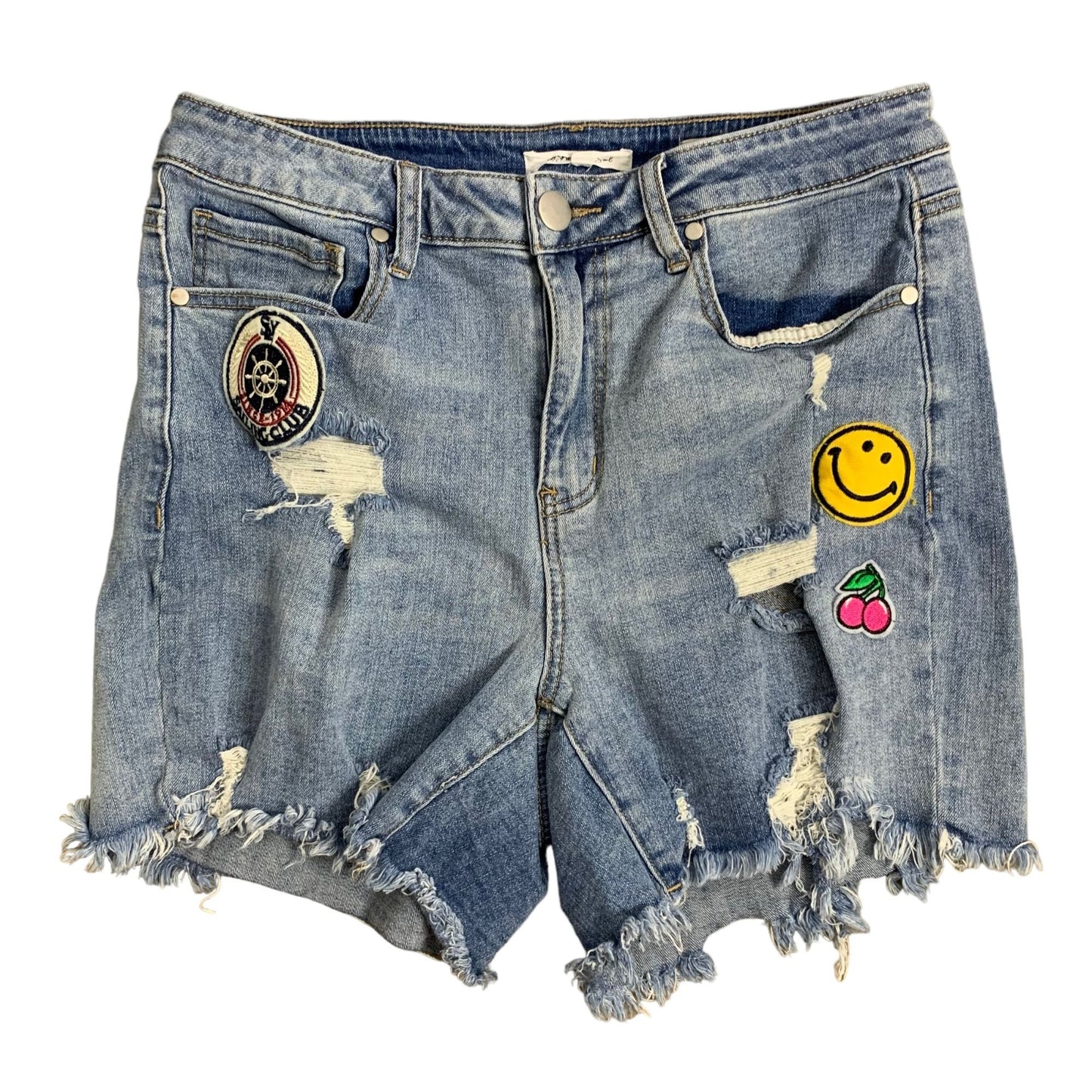 A Beautiful Soul Mid Rise Denim Shorts 10 Med Wash Distressed Patches 5 Pocket