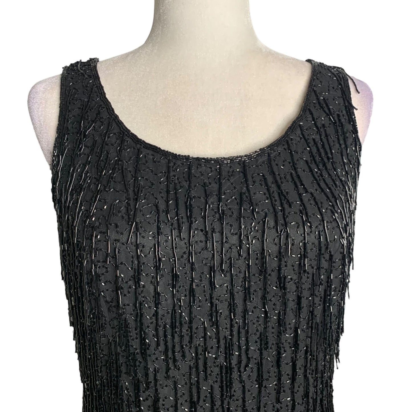 Vintage 90s Silk Beaded Tank Top L Black Lined Full Zip Back Evening Flapper