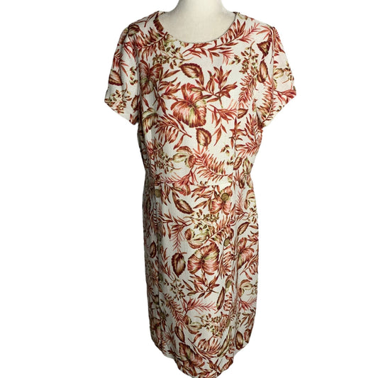 Shelby Palmer Midi Sheath Dress 16 White Floral Leaves Short Sleeves Buttons Zip