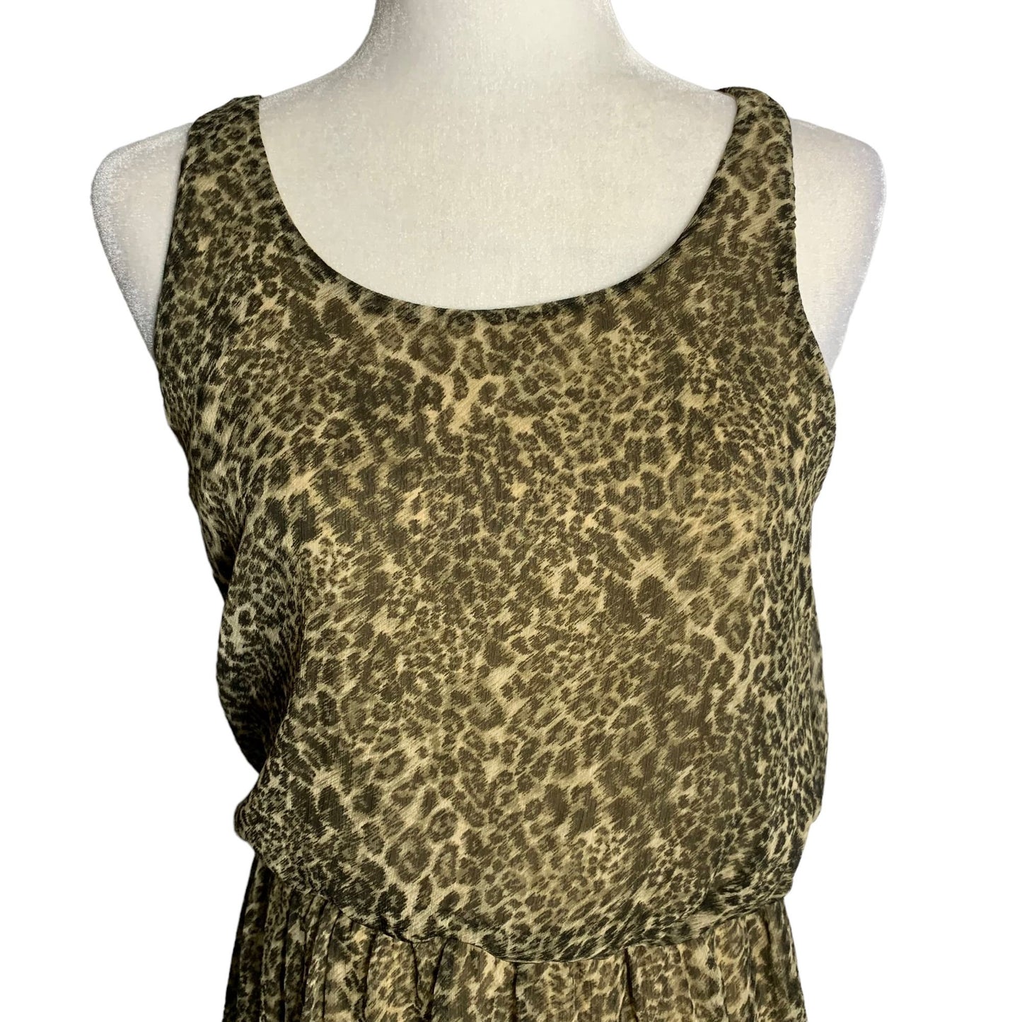 Leopard Print High Low Hem Mini Dress M Brown Sleeveless Elastic Waist Lined