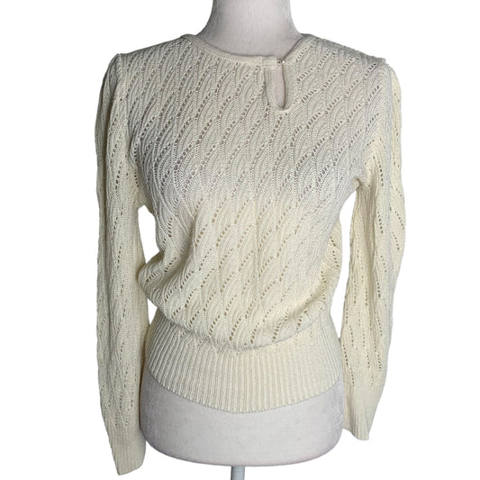 Vintage 70s It's Pure Gould Crochet Knit Sweater S Cream Long Sleeve Key Hole