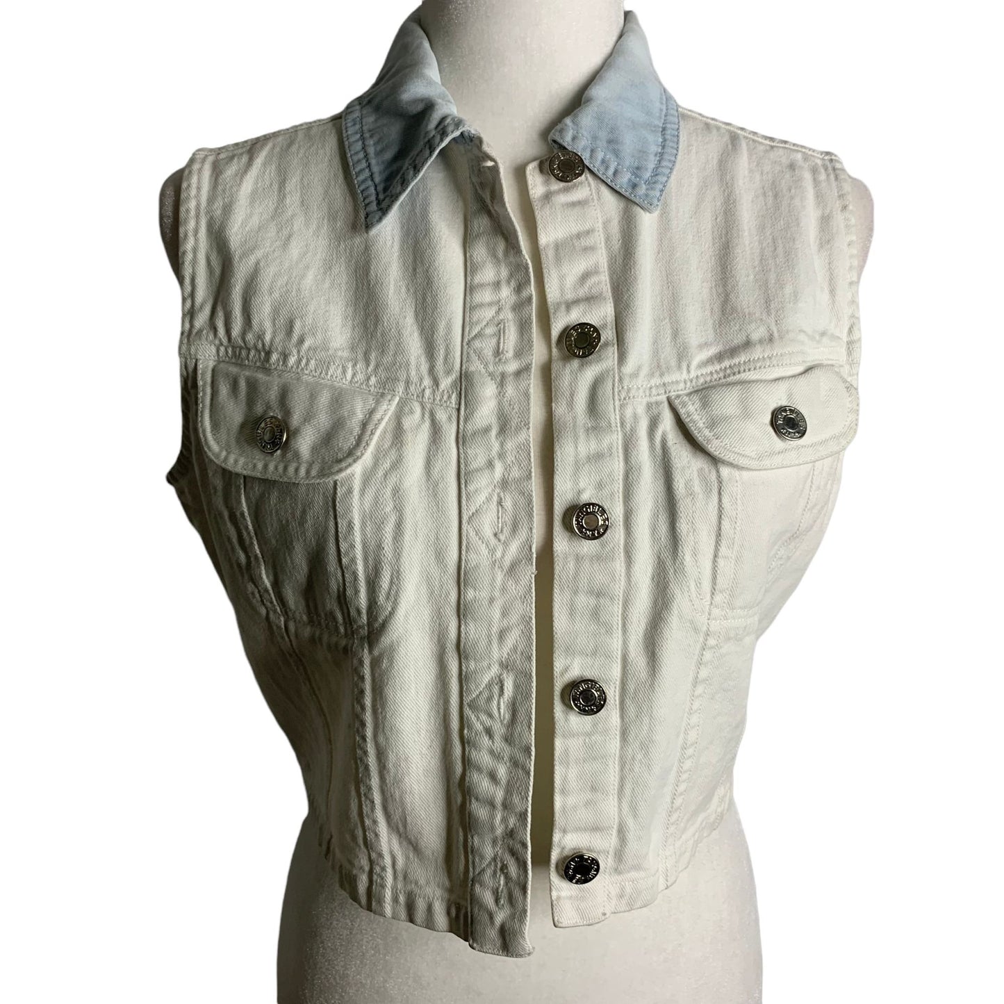 Vintage 90s Tangibles Denim Vest M White Button Up Pockets Cropped Cotton