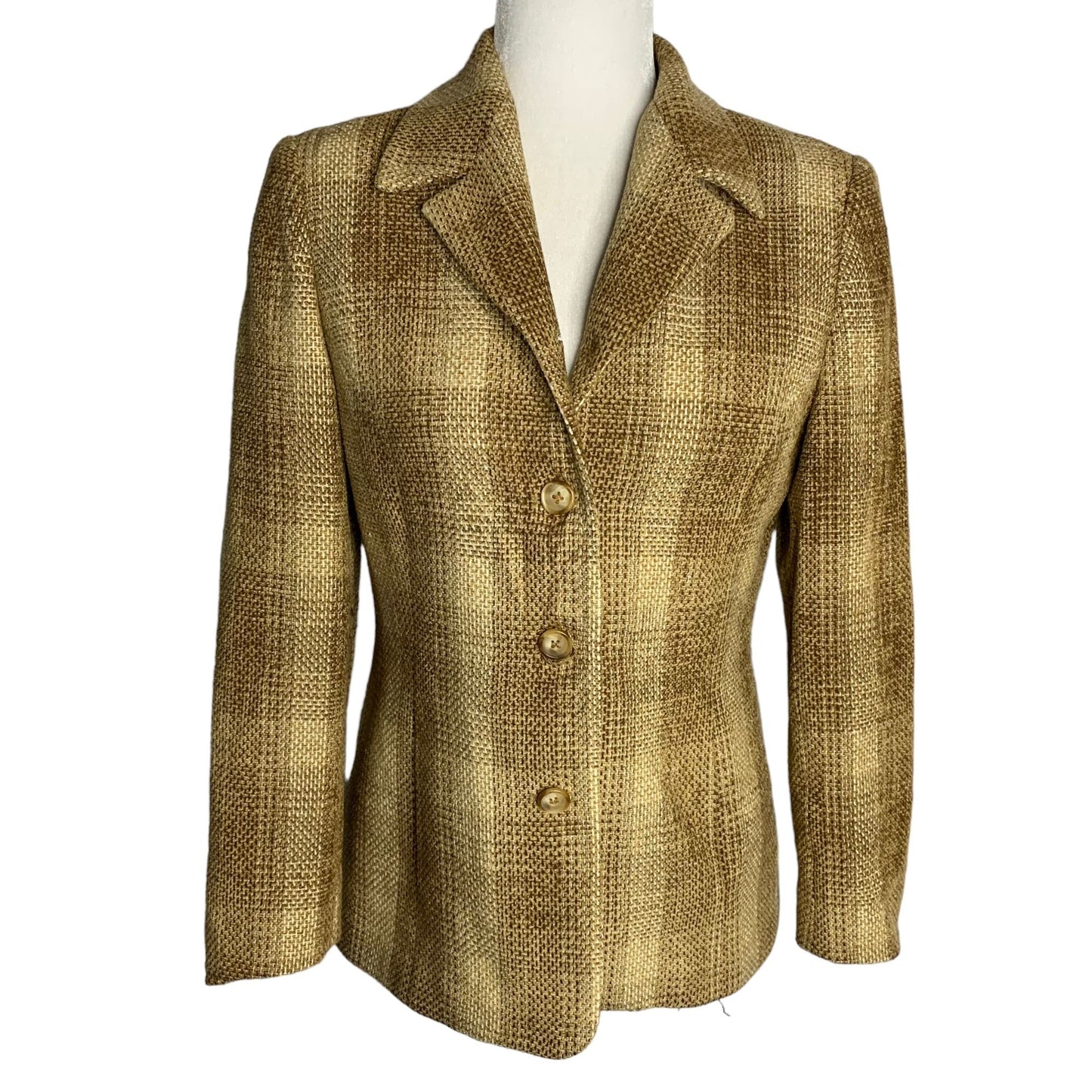 Vintage 90s Petite Sophisticate Chenille Blazer S Brown Plaid Buttons Pockets