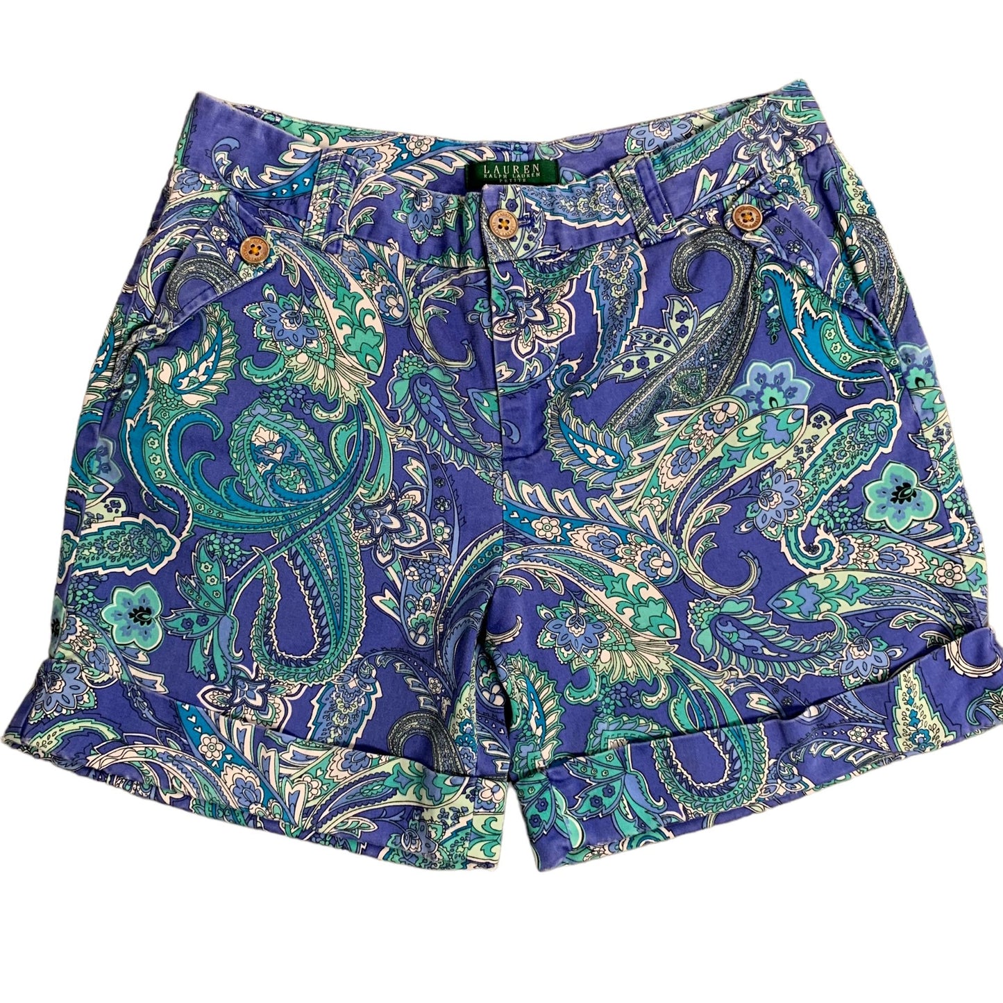 Lauren Ralph Lauren Mid Rise Shorts 8P Blue Paisley Button Zip Cuffed Pockets